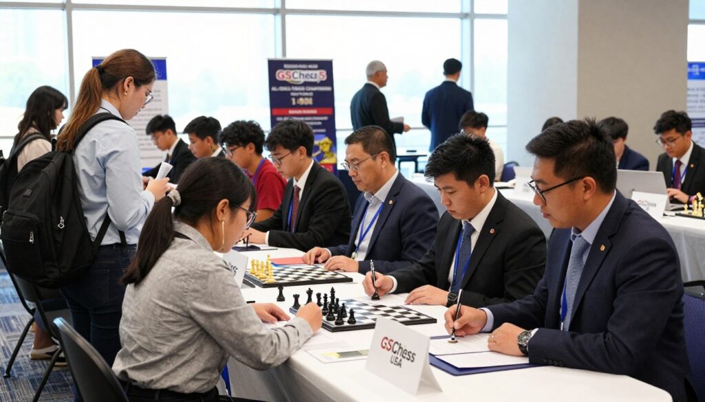 A bustling registration area at McCormick Place, featuring a sleek, organized table adorned with the logo "GSChess USA". In the foreground, a diverse group of individuals in professional business attire assists eager participants with sign-up forms and chess-related materials. The middle layer showcases decorated posters promoting the All-Girls National Chess Championship, surrounded by students and parents discussing logistics. In the background, large windows let in bright, natural light, illuminating the space and creating an inviting atmosphere. Capture the mood of excitement and anticipation, with a shallow depth of field to focus on the registration table, while the lively activity of the venue blurs slightly into a soft backdrop. A bustling registration area at McCormick Place, featuring a sleek, organized table adorned with the logo "GSChess USA". In the foreground, a diverse group of individuals in professional business attire assists eager participants with sign-up forms and chess-related materials. The middle layer showcases decorated posters promoting the All-Girls National Chess Championship, surrounded by students and parents discussing logistics. In the background, large windows let in bright, natural light, illuminating the space and creating an inviting atmosphere. Capture the mood of excitement and anticipation, with a shallow depth of field to focus on the registration table, while the lively activity of the venue blurs slightly into a soft backdrop.