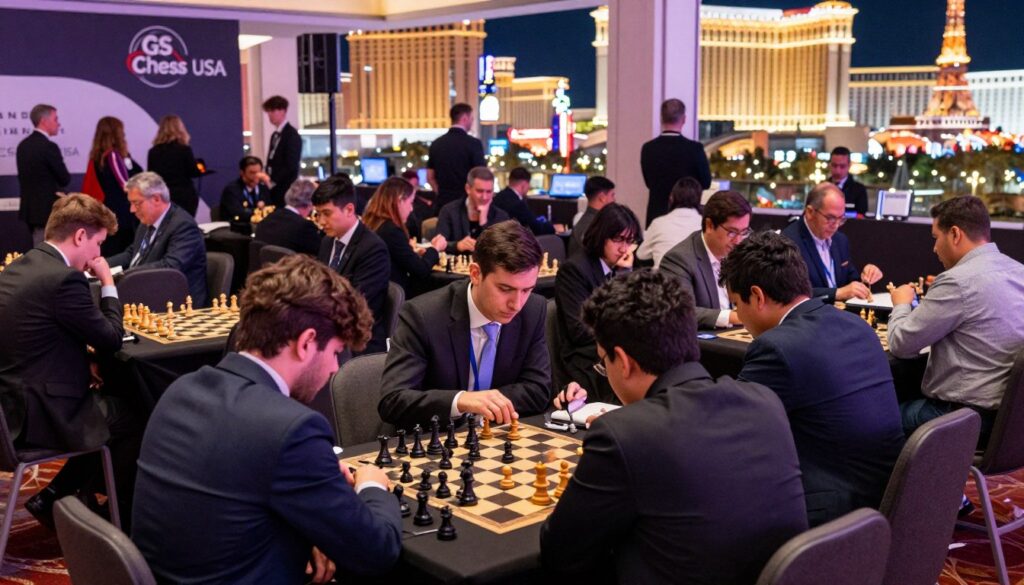 A bustling scene at the North American Open Chess Tournament in Las Vegas, featuring highly focused chess players engaged in strategic battles at elegant tables. In the foreground, a diverse group of participants in professional business attire, deeply concentrated on their chess boards, showcasing various chess pieces. The middle ground highlights spectators and chess enthusiasts observing the matches, some taking notes. In the background, the iconic Las Vegas Strip with bright neon lights, fusing the excitement of the city with the intensity of the tournament atmosphere. Soft, ambient lighting enhances the mood, creating a blend of anticipation and focus. The logo "GSChess USA" subtly displayed on event banners. Use a wide-angle lens to capture the lively interaction and towering hotel structures in the distance. A bustling scene at the North American Open Chess Tournament in Las Vegas, featuring highly focused chess players engaged in strategic battles at elegant tables. In the foreground, a diverse group of participants in professional business attire, deeply concentrated on their chess boards, showcasing various chess pieces. The middle ground highlights spectators and chess enthusiasts observing the matches, some taking notes. In the background, the iconic Las Vegas Strip with bright neon lights, fusing the excitement of the city with the intensity of the tournament atmosphere. Soft, ambient lighting enhances the mood, creating a blend of anticipation and focus. The logo "GSChess USA" subtly displayed on event banners. Use a wide-angle lens to capture the lively interaction and towering hotel structures in the distance.