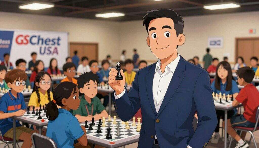 A confident state representative stands in the foreground, wearing a tailored navy blue suit and a crisp white dress shirt, symbolizing professionalism and authority. They hold a chess piece, representing strategy and intellect, with a slight smile, indicating a welcoming demeanor. In the middle ground, a diverse group of K-8 students, dressed in colorful team uniforms, eagerly gather around, showcasing their enthusiasm and dedication to the competition. The background features a dynamic tournament setting, with banners stating "GSChess USA" and various chess boards set up, illuminated under bright, warm overhead lights. The atmosphere is energetic and hopeful, reflecting the excitement of qualifying for the national stage in a prestigious event. The image is captured at eye level, with a shallow depth of field to emphasize the subjects in focus against a blurred background, creating an engaging visual narrative.