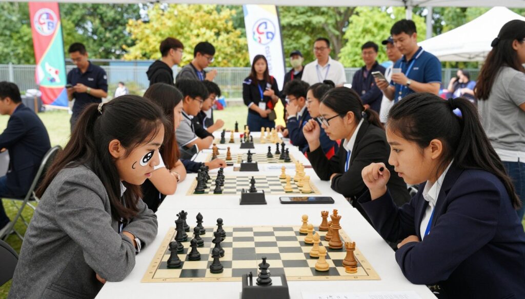 A dynamic and engaging scene of blitz bughouse chess, showcasing a lively outdoor tournament atmosphere. In the foreground, two pairs of young female players, dressed in professional business attire, are intensely focused on their checkerboard, mid-game. Their expressions convey concentration and excitement. In the middle ground, spectators of various ages, also in modest casual clothing, cheer and interact, creating an engaging community feel. The background features vibrant trees and colorful banners with the logo "GSChess USA". The lighting is bright and natural, illuminating the scene with a cheerful ambiance. Capture this moment from a slightly elevated angle, emphasizing the dynamic interactions between players and the crowd, to reflect the energy of side events at a chess championship. A dynamic and engaging scene of blitz bughouse chess, showcasing a lively outdoor tournament atmosphere. In the foreground, two pairs of young female players, dressed in professional business attire, are intensely focused on their checkerboard, mid-game. Their expressions convey concentration and excitement. In the middle ground, spectators of various ages, also in modest casual clothing, cheer and interact, creating an engaging community feel. The background features vibrant trees and colorful banners with the logo "GSChess USA". The lighting is bright and natural, illuminating the scene with a cheerful ambiance. Capture this moment from a slightly elevated angle, emphasizing the dynamic interactions between players and the crowd, to reflect the energy of side events at a chess championship.