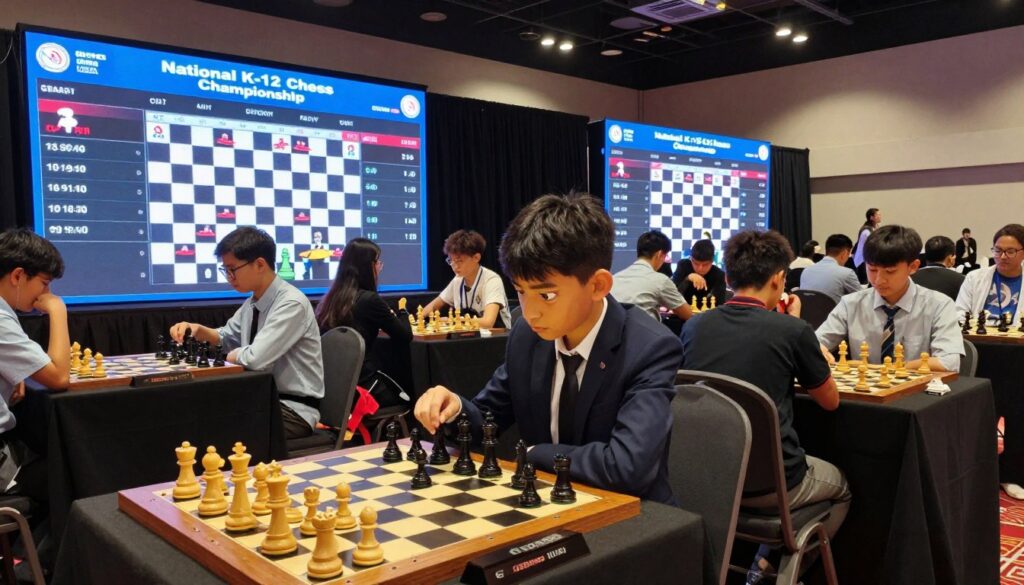 A dynamic chess arena set in a spacious convention hall for the National K-12 Chess Championship, focusing on prominent digital displays showcasing chess ratings. In the foreground, an elegant, wooden chessboard with meticulously crafted pieces, conveying a sense of strategy and competition. The middle ground features a diverse group of young chess players, aged 8 to 18, dressed in smart casual outfits, intently analyzing their game, representing various backgrounds. In the background, large LED screens brightly illuminate the setting with live ratings and player statistics, creating an energetic atmosphere. Soft overhead lighting enhances the concentration of the players while maintaining a warm ambiance. The overall mood captures excitement and preparation for the championship. The branding "GSChess USA" is subtly incorporated into the background displays, harmonizing with the championship theme.