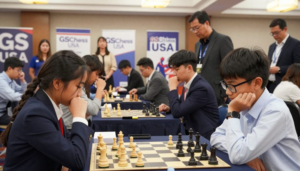A dynamic chess tournament scene featuring young state champions engaged in intense matches. In the foreground, two focused players, a girl with braided hair in a smart blazer holding a chess piece and a boy with glasses in a dress shirt contemplating his next move. The middle ground displays spectators, a mix of proud parents and coaches, all dressed in business casual attire, absorbing the excitement. The backdrop showcases a decorated tournament hall adorned with banners of "GSChess USA," reflecting a sense of achievement and competition. Soft overhead lighting enhances the atmosphere, casting a warm glow over the players. The overall mood is one of concentration, ambition, and celebratory recognition for top performers, emphasizing the importance of scholarships and accolades within the chess community.