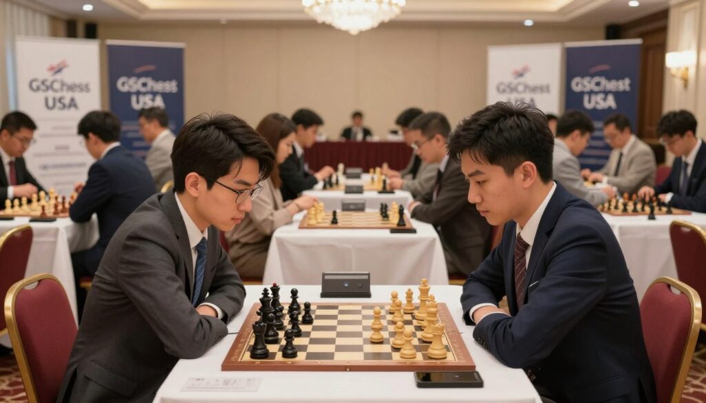 A dynamic chess tournament scene set in an elegant, well-lit hall, showcasing a prominent chess match in the foreground. Two players in professional business attire intensely focus on the game, featuring an ornate chessboard displaying beautifully crafted pieces. In the middle ground, additional chess tables are occupied by people engrossed in various matches, illustrating the competitive structure of the tournament. The background shows banners with the logo "GSChess USA", subtly emphasizing the event's branding. Soft spotlighting highlights the players while creating a warm, engaging atmosphere filled with excitement and concentration. The perspective captures the depth of the room, inviting the viewer into the thrilling world of chess competition.