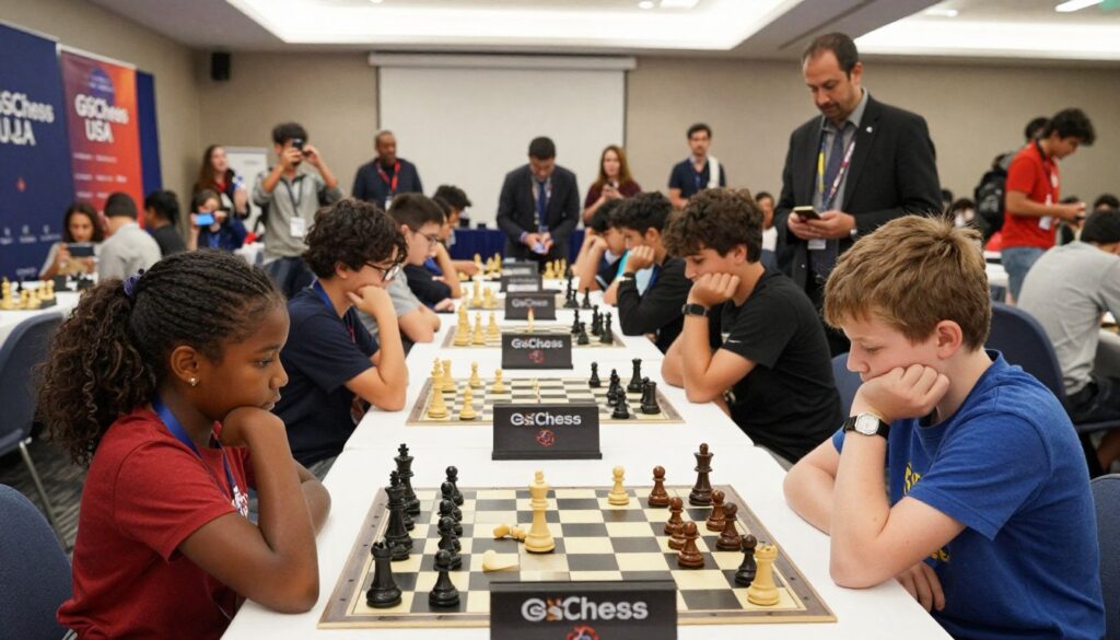 A dynamic chess tournament scene showcasing young players engaged in competitive matches at a prestigious venue, such as a large conference room adorned with banners of "GSChess USA." In the foreground, two focused students, one African American girl and one Caucasian boy, are intently analyzing their chessboards, with pieces meticulously arranged. The middle ground features several other players deep in thought, surrounded by parents and coaches, discussing strategies in a supportive environment. The background is a blurred array of spectators capturing the moment with smartphones, while bright overhead lights illuminate the scene, creating a vibrant atmosphere filled with excitement and concentration. The composition captures a sense of professionalism and the essence of scholastic chess competition.