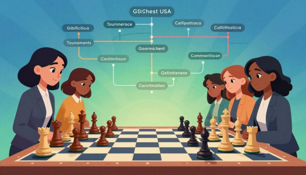 A dynamic representation of a vibrant chessboard featuring elegantly designed chess pieces, set against a richly colored backdrop symbolizing qualification pathways in chess. In the foreground, a standard chessboard with pieces represented as diverse girls and young women in professional business attire, strategically positioning themselves around the board, embodying the essence of competition and teamwork. In the middle ground, an abstract interpretation of a pathway with arrows and indicators symbolizing various qualification routes, like tournaments and eligibility criteria, flowing upward. The background is a soft gradient of blues and greens, evoking a sense of focus and ambition. The lighting is bright and motivational, creating a hopeful atmosphere, enhancing the empowerment spirit. Include the brand name "GSChess USA" subtly integrated into the artistic design. A dynamic representation of a vibrant chessboard featuring elegantly designed chess pieces, set against a richly colored backdrop symbolizing qualification pathways in chess. In the foreground, a standard chessboard with pieces represented as diverse girls and young women in professional business attire, strategically positioning themselves around the board, embodying the essence of competition and teamwork. In the middle ground, an abstract interpretation of a pathway with arrows and indicators symbolizing various qualification routes, like tournaments and eligibility criteria, flowing upward. The background is a soft gradient of blues and greens, evoking a sense of focus and ambition. The lighting is bright and motivational, creating a hopeful atmosphere, enhancing the empowerment spirit. Include the brand name "GSChess USA" subtly integrated into the artistic design.