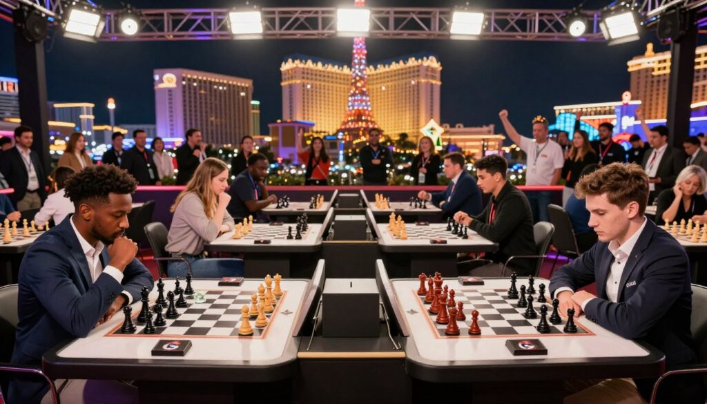 A dynamic scene at a mixed doubles chess tournament surrounded by the vibrant atmosphere of Las Vegas. In the foreground, two diverse teams, a man and a woman on each side, seated at elegant chess tables, intently focused on their game. Their attire is smart-casual with GSChess USA logos visible. In the middle, spectators cheer and support the players, showcasing excitement and strategy. The background highlights iconic Las Vegas landmarks illuminated with colorful lights, creating a lively ambiance. Bright overhead lights cast a warm glow, enhancing the competitive yet friendly environment. The mood radiates energy and determination, capturing the essence of maximizing success with prize limits and bonuses in the chess world. The composition is a balanced wide-angle view that immerses the viewer in the event. A dynamic scene at a mixed doubles chess tournament surrounded by the vibrant atmosphere of Las Vegas. In the foreground, two diverse teams, a man and a woman on each side, seated at elegant chess tables, intently focused on their game. Their attire is smart-casual with GSChess USA logos visible. In the middle, spectators cheer and support the players, showcasing excitement and strategy. The background highlights iconic Las Vegas landmarks illuminated with colorful lights, creating a lively ambiance. Bright overhead lights cast a warm glow, enhancing the competitive yet friendly environment. The mood radiates energy and determination, capturing the essence of maximizing success with prize limits and bonuses in the chess world. The composition is a balanced wide-angle view that immerses the viewer in the event.