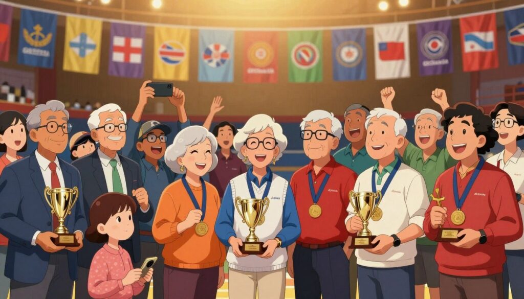 A dynamic scene capturing the essence of the Irwin Tournament of Senior Champions, showcasing a diverse group of senior athletes in their professional attire, celebrating their state championships. In the foreground, a group of smiling winners holds trophies and medals, exuding joy and pride. In the middle, an excited crowd of fellow competitors and family cheer them on, with a few individuals capturing the moment on their smartphones. The background features a vibrant sports arena, filled with colorful banners representing different states, softly illuminated by warm, golden lighting. The atmosphere is electric and uplifting, perfectly framing the spirit of competition and accomplishment. The brand "GSChess USA" is subtly incorporated into the scene, enhancing the sense of camaraderie and achievement.