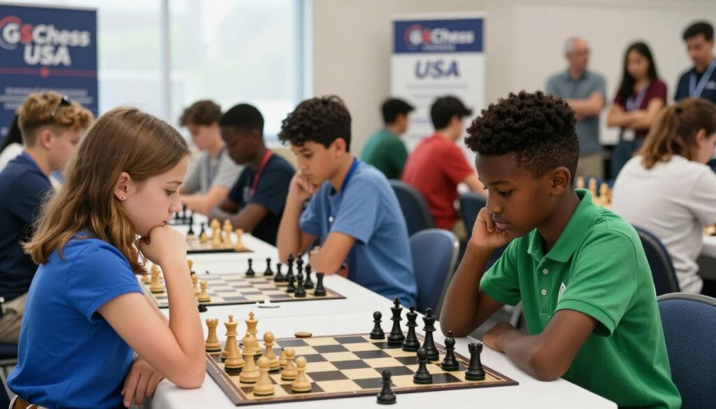 A dynamic scene capturing young chess players, aged 8 to 14, intensely focused during a tournament setting. In the foreground, two players, one Caucasian girl in a bright blue dress shirt and one African American boy in a sharp green polo, are deep in thought as they analyze a chessboard filled with strategically positioned pieces. The middle ground features a variety of other competitors, reflecting diversity in age and ethnicity, all engaged in the game. The background showcases a well-lit tournament hall adorned with banners showcasing "GSChess USA," with enthusiastic parents observing from a distance. Soft natural lighting filters through large windows, creating a supportive and competitive atmosphere. The perspective is slightly angled to capture the intensity of the matches, with a blurred depth of field emphasizing the chessboards in play.