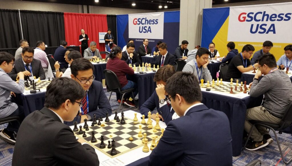 A dynamic scene depicting a bustling state chess championship event inside a large convention center. In the foreground, a diverse group of focused players, dressed in smart casual attire, intensely concentrate on their games at elegantly arranged chess tables. The middle ground features spectators, engaged in discussions and analyzing positions, with a mix of excitement and anticipation on their faces. The background showcases vibrant banners that read "GSChess USA," signifying the event's prestige. Soft, ambient lighting highlights the seriousness of the tournament atmosphere. Use a slightly elevated angle to capture both the intensity of the competition and the camaraderie among participants and spectators, creating a sense of community in the chess journey.
