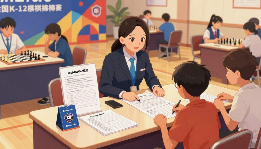 A dynamic scene illustrating the "registration information" for the National K-12 Chess Championship, featuring a polished registration desk prominently in the foreground, where friendly personnel wearing professional attire assist young chess players. The middle ground includes well-organized registration forms and badges featuring the brand "GSChess USA", displayed with clarity. The background reveals a vibrant chess tournament setting with colorful banners, chessboards, and excited participants. Warm lighting creates an inviting atmosphere, emphasizing the hustle and bustle of anticipation and camaraderie. A slight aerial angle captures the action and excitement while maintaining a focused view on the registration process, conveying a sense of professionalism and enthusiasm for the event.