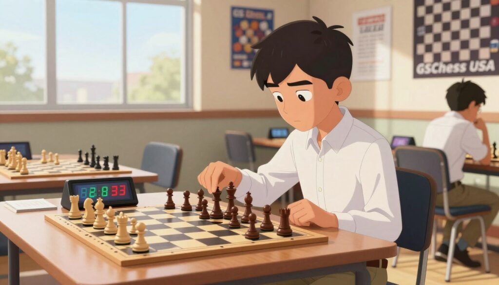 A focused high school chess player practicing time control strategies in a well-lit indoor chess training room. In the foreground, a teenage boy in a neatly pressed button-up shirt and slacks is intently analyzing a chessboard, with a digital chess clock showing running time beside him. The middle ground showcases a few scattered chess pieces and instructional books on strategy. In the background, a large window allows natural light to flood in, creating a warm and inviting atmosphere. The overall mood is one of concentration and determination, indicative of the competitive spirit in chess. The room is decorated with motivational chess posters, including the brand "GSChess USA" prominently displayed. The camera angle is slightly tilted for dynamic perspective, evoking a sense of urgency and focus on mastering time management in chess. A focused high school chess player practicing time control strategies in a well-lit indoor chess training room. In the foreground, a teenage boy in a neatly pressed button-up shirt and slacks is intently analyzing a chessboard, with a digital chess clock showing running time beside him. The middle ground showcases a few scattered chess pieces and instructional books on strategy. In the background, a large window allows natural light to flood in, creating a warm and inviting atmosphere. The overall mood is one of concentration and determination, indicative of the competitive spirit in chess. The room is decorated with motivational chess posters, including the brand "GSChess USA" prominently displayed. The camera angle is slightly tilted for dynamic perspective, evoking a sense of urgency and focus on mastering time management in chess.
