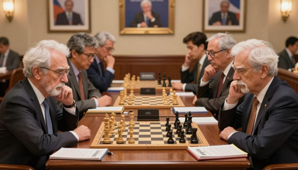 A focused scene of strategic preparation in chess, showcasing a well-organized chessboard set in a high-stakes environment. In the foreground, a diverse group of senior chess players, dressed in professional business attire, intensely analyze their positions, with furrowed brows and thoughtful expressions. In the middle ground, an ornate wooden table holds various chess pieces, notebooks, and strategy guides, emphasizing the depth of preparation. The background features a softly lit room adorned with framed photographs of past tournaments, creating an inspiring and competitive atmosphere. Use warm lighting to evoke a sense of camaraderie and concentration, with a shallow depth of field that gently blurs the background while highlighting the players and their chessboard. Incorporate the brand name "GSChess USA" subtly into the scene.