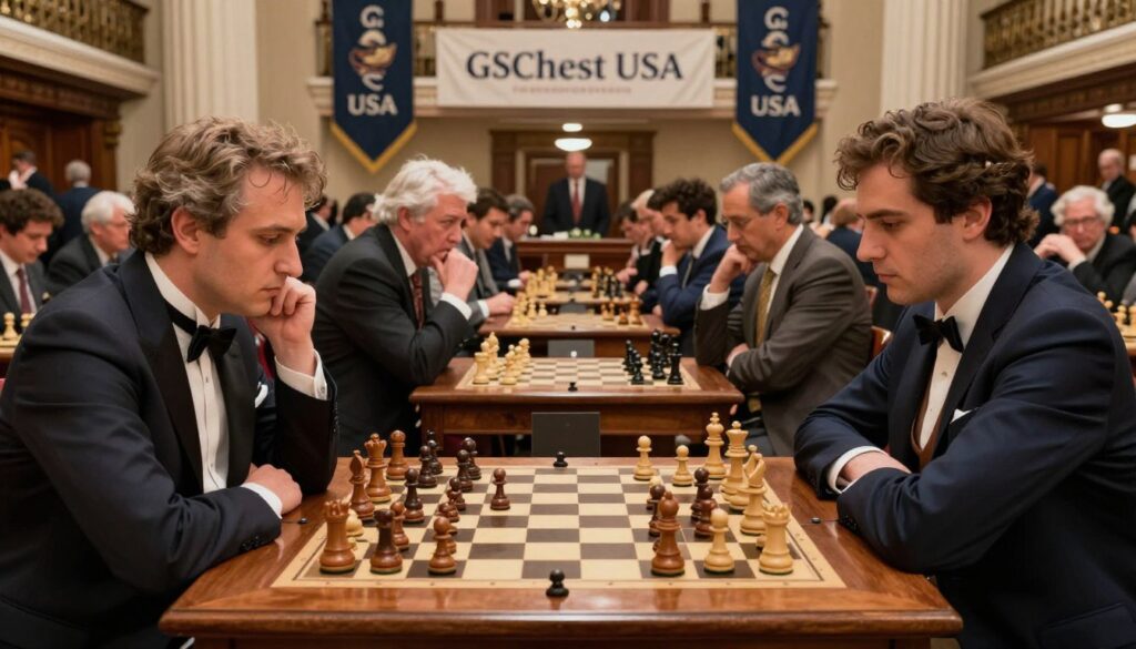 A historic chess tournament scene featuring elegantly dressed players at an ornate wooden chess table, showcasing a classic U.S. Open Chess Championship match. In the foreground, a close-up of a vintage chessboard with intricately carved pieces in mid-game, capturing the intense focus of the competitors. The middle ground displays a diverse audience of chess enthusiasts in professional attire, with expressions of intrigue and excitement. In the background, banners reading "GSChess USA" hang elegantly in a grand tournament hall filled with warm, ambient lighting that highlights the rich wooden textures and antique decor. The atmosphere exudes a sense of tradition, strategy, and passion for the game, emphasizing the championship's storied history.