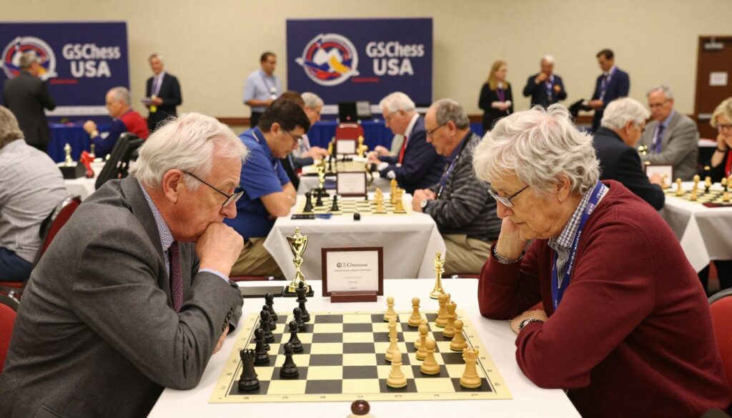 A lively and dynamic scene of the Irwin Tournament of Senior Champions, illustrating seasoned competitors engaged in intense chess matches. In the foreground, two seniors, a man and a woman, are deeply focused on their chess boards, dressed in smart casual attire, showcasing concentration and strategic thinking. The middle ground features a vibrant tournament hall filled with spectators, capturing the excitement and camaraderie of the event. Banners of "GSChess USA" are displayed prominently in the background, along with trophies and accolades. Soft, warm lighting creates an inviting atmosphere, while the angle is slightly elevated to encompass both the players' expressions and the competitive spirit of the audience, evoking a sense of respect and celebration for the game and its champions.