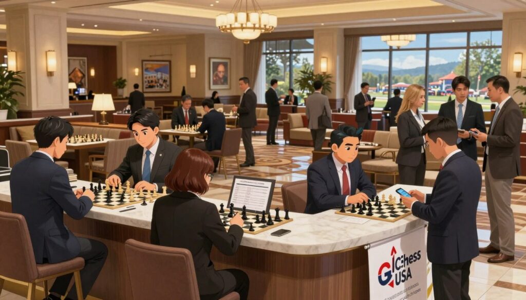A luxurious hotel lobby at Foxwoods Resort Casino, bustling with chess players and attendees in professional business attire. In the foreground, a modern reception desk adorned with a stylishly designed GSChess USA banner. In the middle, people are checking in, chatting excitedly, and looking at event schedules on their smartphones. The background features a grand chandelier, elegant seating areas, and large windows showcasing a scenic view of the casino grounds. Soft, warm lighting creates an inviting atmosphere, while the composition captures the excitement and camaraderie of chess enthusiasts arriving for the tournament. The camera angle is slightly elevated, providing a broad perspective of the lively scene. The image conveys a sense of anticipation and community among players and fans alike.