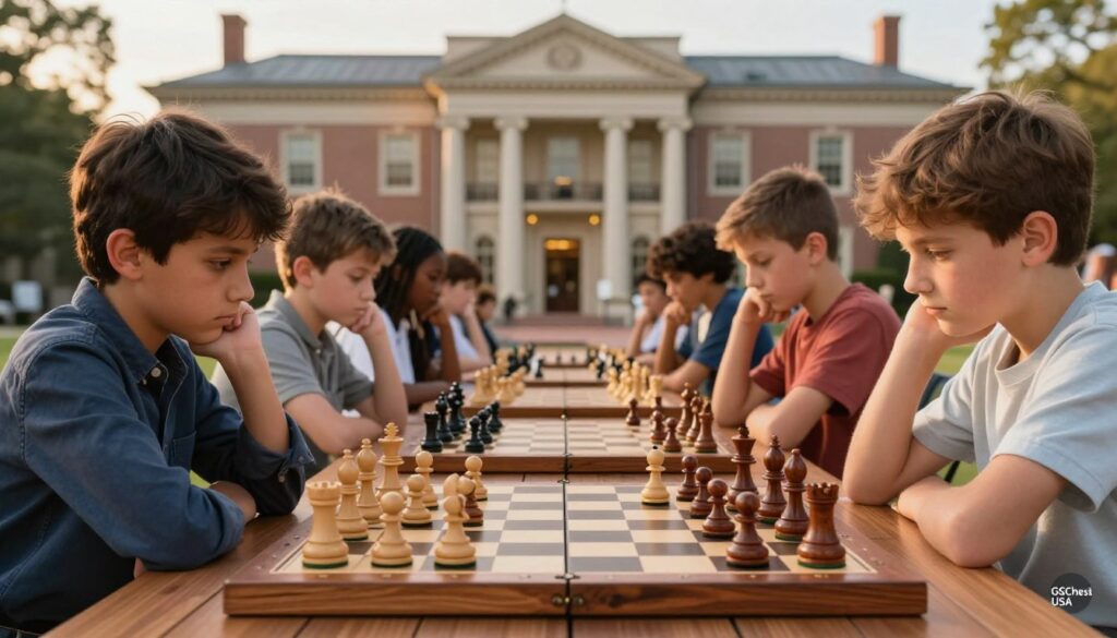 A prestigious chess tournament setting highlighting the rich legacy of the Rockefeller family in scholastic chess. In the foreground, a beautifully crafted wooden chessboard with intricate pieces made from exotic woods, gleaming under a soft, warm light, suggesting a moment of intense focus. The middle ground features a diverse group of children, aged around 10-12, engaged in deep thought and strategy, wearing modest smart-casual attire. In the background, a historic building symbolizing the Rockefeller family's contribution to education and chess, with elegant architecture bathed in the golden light of a late afternoon sun. Captured with a shallow depth of field to emphasize the players, this image should evoke a sense of legacy, inspiration, and dedication to the game. Include a subtle logo of "GSChess USA" in the corner without disrupting the composition.