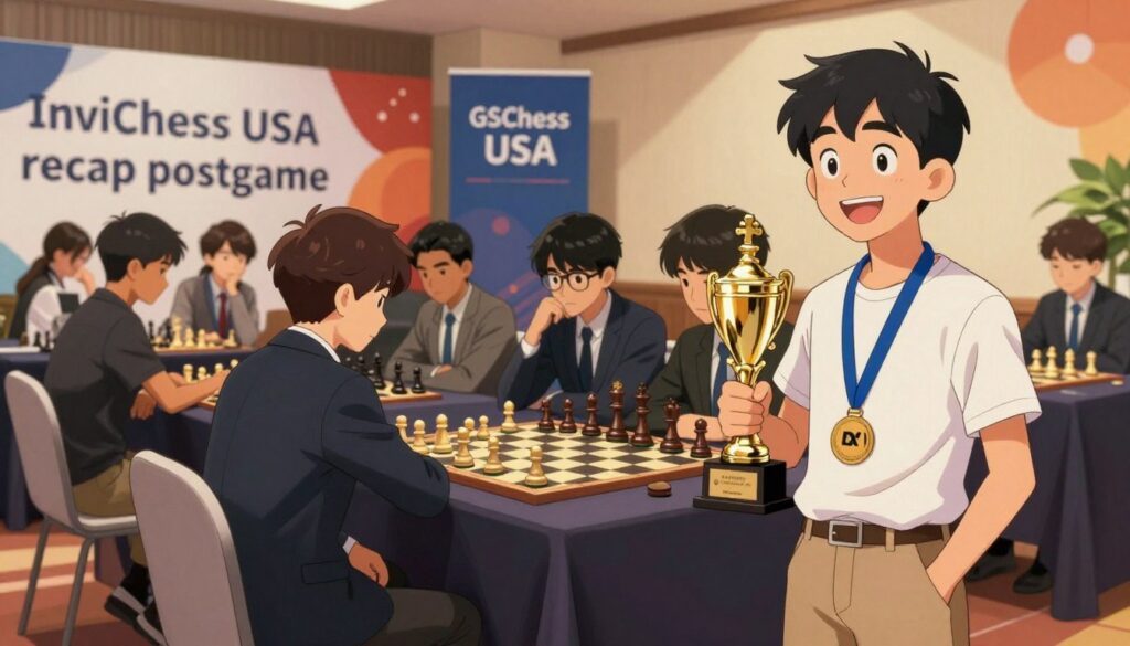 A professional chess tournament setting capturing the "invitational recap postgame." In the foreground, a smiling chess player in smart casual attire, clasping a trophy, with a medal around their neck, exuding pride and determination. In the middle, a diverse group of young chess players, also in professional business attire, engaged in an animated discussion, highlighting camaraderie and teamwork. In the background, large banners displaying "GSChess USA" and vibrant decorations from the championship event. Soft, warm lighting enhances the celebratory atmosphere, creating shadows that evoke a sense of warmth. The composition uses a low-angle perspective to emphasize the achievements of the players, conveying hope and inspiration as they look toward future competitions.
