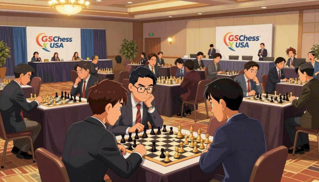 A vibrant and dynamic scene showcasing the Foxwoods Open Chess Tournament in a spacious, elegantly appointed hall. In the foreground, several chess boards are set up with players in professional business attire, deeply focused on their games, displaying tension and concentration. The middle ground features banners and displays featuring the "GSChess USA" logo in tasteful colors, highlighting the tournament's prestige. The background includes an expansive view of an audience, with spectators observing the matches, their expressions filled with excitement and intrigue. The lighting is warm and inviting, casting soft shadows to enhance the atmosphere of intense competition yet camaraderie. The angle captures the essence of strategic play and the legacy this tournament upholds.