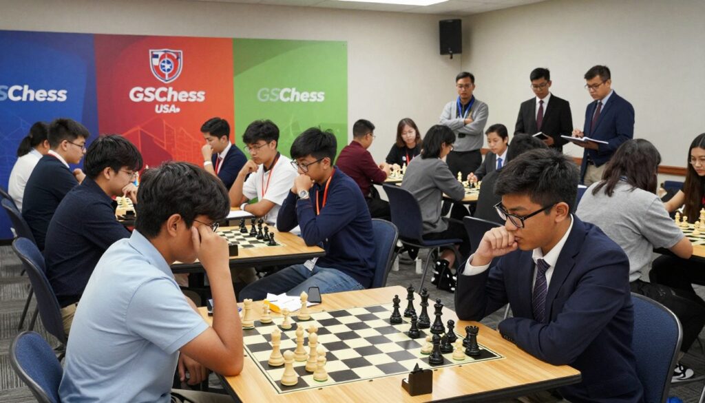 A vibrant chess tournament scene featuring a diverse group of high school students engaged in intense matches, showcasing a mix of eagerness and concentration. In the foreground, two players sit at wooden chess tables, deeply focused, one adjusting their glasses, the other biting their lip, dressed in smart casual attire. In the middle ground, a small crowd of peers and coaches watches attentively, some taking notes, others whispering strategies, emphasizing the collaborative spirit of scholastic chess. The background features colorful banners with the logo "GSChess USA" and bright lights illuminating the room, enhancing the competitive yet supportive atmosphere of the National High School Chess Championship. Use a wide-angle lens to capture the depth and excitement of the tournament, evoking a sense of camaraderie and passion for the game. A vibrant chess tournament scene featuring a diverse group of high school students engaged in intense matches, showcasing a mix of eagerness and concentration. In the foreground, two players sit at wooden chess tables, deeply focused, one adjusting their glasses, the other biting their lip, dressed in smart casual attire. In the middle ground, a small crowd of peers and coaches watches attentively, some taking notes, others whispering strategies, emphasizing the collaborative spirit of scholastic chess. The background features colorful banners with the logo "GSChess USA" and bright lights illuminating the room, enhancing the competitive yet supportive atmosphere of the National High School Chess Championship. Use a wide-angle lens to capture the depth and excitement of the tournament, evoking a sense of camaraderie and passion for the game.