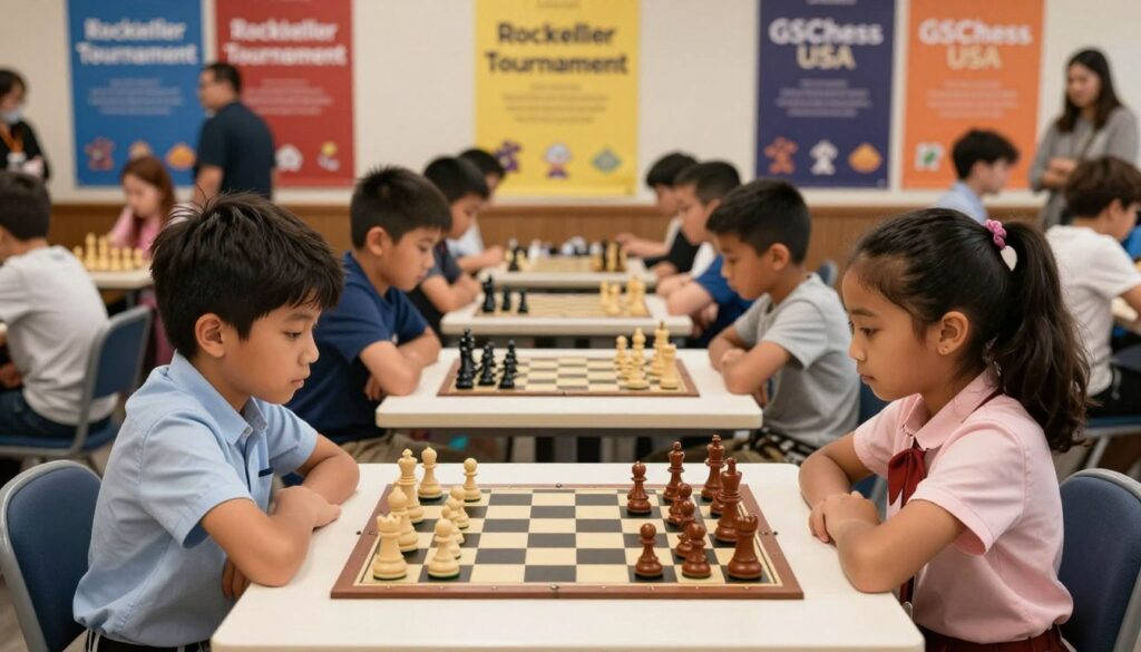 A vibrant chess tournament scene for young players, showcasing children aged 8-12 engaged in intense gameplay. In the foreground, two diverse young players, a boy and a girl, focused and determined, dressed in smart casual attire, are sitting across from each other at a chess table. The middle layer features a beautifully arranged chessboard with intricate pieces, while colorful banners and posters of the "Rockefeller Tournament" adorn the walls in the background, creating a competitive atmosphere. Soft, warm lighting highlights the players' expressions, while a slightly blurred crowd of parents and spectators can be seen, capturing the excitement. The brand "GSChess USA" prominently appears on banners. The mood is lively and inspiring, emphasizing the dreams of these young chess stars.