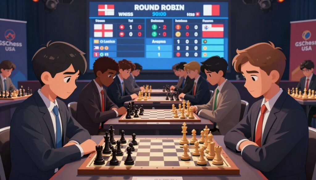 A vibrant illustration depicting tournament formats and scoring systems in chess, framed within a professional chess tournament setting. In the foreground, a sleek chessboard showcases various chess pieces positioned for play, some in mid-game. The middle ground features a diverse group of young players, dressed in professional business attire, deeply focused on their matches, their expressions reflecting concentration and strategy. In the background, a digital scoreboard displays various tournament formats, such as Swiss and Round Robin, with visual cues for scoring systems, like points and rankings. Soft, focused lighting highlights the chessboard and players, creating an intense yet motivational atmosphere. Colorful banners with the brand name "GSChess USA" can be seen subtly integrated into the scene, maintaining a professional appearance without distractions. A vibrant illustration depicting tournament formats and scoring systems in chess, framed within a professional chess tournament setting. In the foreground, a sleek chessboard showcases various chess pieces positioned for play, some in mid-game. The middle ground features a diverse group of young players, dressed in professional business attire, deeply focused on their matches, their expressions reflecting concentration and strategy. In the background, a digital scoreboard displays various tournament formats, such as Swiss and Round Robin, with visual cues for scoring systems, like points and rankings. Soft, focused lighting highlights the chessboard and players, creating an intense yet motivational atmosphere. Colorful banners with the brand name "GSChess USA" can be seen subtly integrated into the scene, maintaining a professional appearance without distractions.