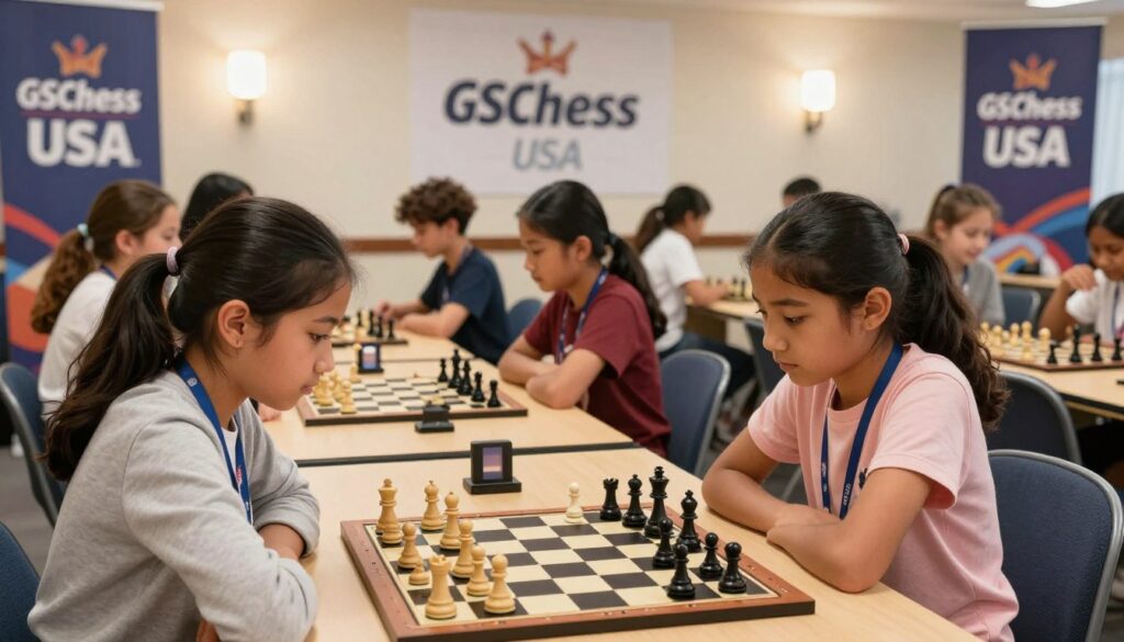 A vibrant indoor chess tournament scene featuring a diverse group of young girls, aged 8 to 15, deeply engaged in competitive chess matches. In the foreground, one girl, wearing professional casual attire, studies the chessboard intently, her expression focused and determined. The middle ground showcases several framed chess boards with pieces in various states of play, each player immersed in strategy. The background is decorated with banners that read "GSChess USA" and a soft ambient glow from overhead lights, creating a bright yet subdued atmosphere perfect for concentration. The composition uses a slightly tilted angle to emphasize the excitement of competition, while maintaining clarity and vibrant colors to highlight the diverse participants and their passion for the game. A vibrant indoor chess tournament scene featuring a diverse group of young girls, aged 8 to 15, deeply engaged in competitive chess matches. In the foreground, one girl, wearing professional casual attire, studies the chessboard intently, her expression focused and determined. The middle ground showcases several framed chess boards with pieces in various states of play, each player immersed in strategy. The background is decorated with banners that read "GSChess USA" and a soft ambient glow from overhead lights, creating a bright yet subdued atmosphere perfect for concentration. The composition uses a slightly tilted angle to emphasize the excitement of competition, while maintaining clarity and vibrant colors to highlight the diverse participants and their passion for the game.