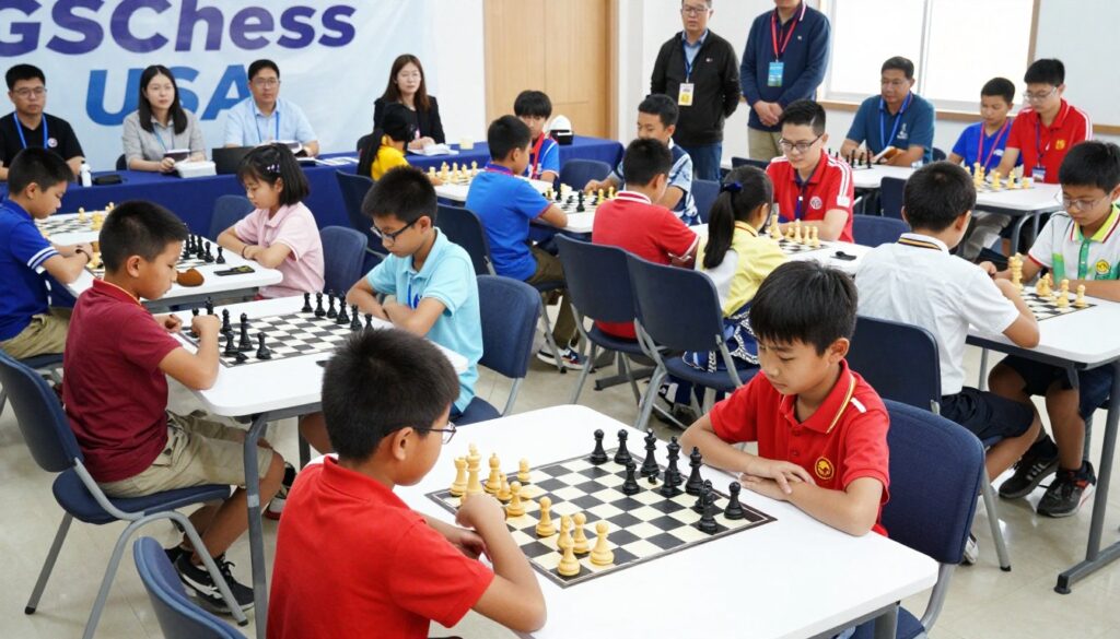 A vibrant national elementary chess tournament scene, showcasing young players deeply focused on their games. In the foreground, a diverse group of children aged 8-12 sit at neatly arranged chess tables, each displaying unique chessboards. They are dressed in colorful yet professional attire, reflecting excitement and determination. In the middle ground, spectators, including parents and coaches, observe attentively, creating an atmosphere of encouragement. The background features banners with "GSChess USA" prominently displayed, adding to the tournament's official feel. The lighting is bright and natural, imbuing the scene with a sense of energy and hope. The image is captured from a slightly elevated angle to encompass the scope of the event, emphasizing unity and competition.