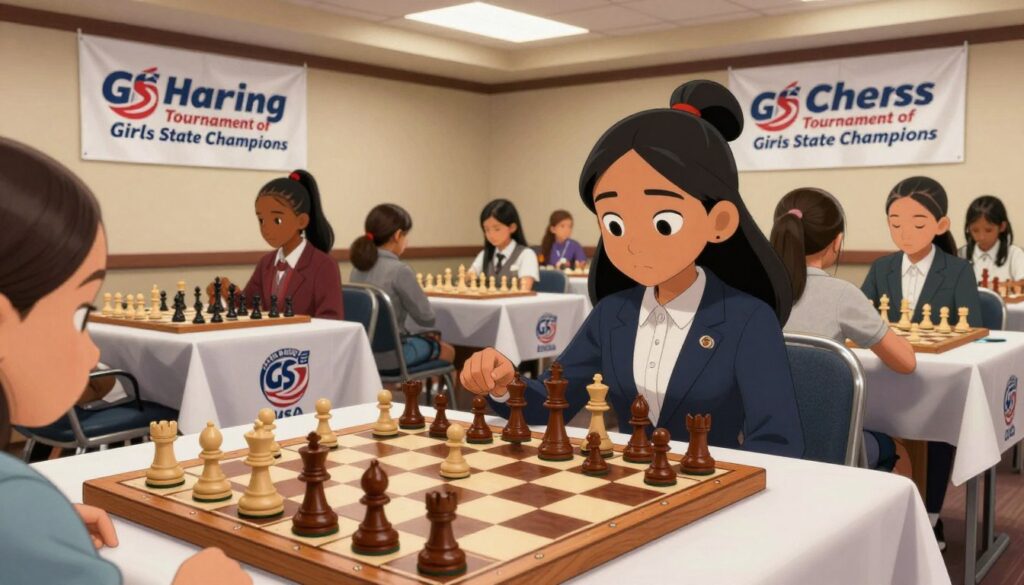 A vibrant scene capturing the essence of the Haring Tournament of Girls State Champions, featuring a diverse group of young girls passionately engaged in a chess match. In the foreground, a close-up of a polished wooden chessboard with intricately designed pieces, some in mid-move. The middle ground shows the focused expressions of the young players, dressed in professional business attire, sitting at elegantly arranged tables adorned with the logo "GSChess USA" on tablecloths. In the background, banners showcasing the tournament's name flutter, illuminated by soft overhead lighting that creates a warm, inviting atmosphere. The angle is slightly elevated to provide a panoramic view of the excitement and determination in the room, emphasizing the tournament's significance as a pathway for America’s top girls in chess. A vibrant scene capturing the essence of the Haring Tournament of Girls State Champions, featuring a diverse group of young girls passionately engaged in a chess match. In the foreground, a close-up of a polished wooden chessboard with intricately designed pieces, some in mid-move. The middle ground shows the focused expressions of the young players, dressed in professional business attire, sitting at elegantly arranged tables adorned with the logo "GSChess USA" on tablecloths. In the background, banners showcasing the tournament's name flutter, illuminated by soft overhead lighting that creates a warm, inviting atmosphere. The angle is slightly elevated to provide a panoramic view of the excitement and determination in the room, emphasizing the tournament's significance as a pathway for America’s top girls in chess.