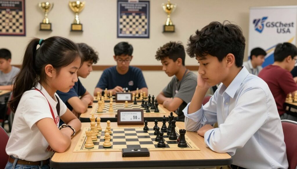 A vibrant scene depicting a local chess club setting, showcasing a diverse group of young players intensely engaged in a chess match. In the foreground, a young girl in a smart casual outfit focuses intently on her opponent, a boy in a neatly pressed dress shirt. The background features a wall adorned with trophies and posters from past chess events, symbolizing achievements. Soft, warm lighting enhances the inviting atmosphere, giving a sense of community and competition. The table is cluttered with chess pieces and clocks, emphasizing strategic gameplay. Capture the essence of determination and camaraderie. Include a subtle logo of "GSChess USA" on a banner in the background to reinforce the event's branding. The angle should be slightly tilted to create a dynamic perspective on the players and their chessboard, highlighting the excitement of the game.