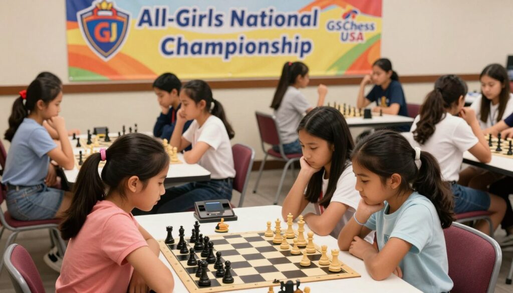 A vibrant scene depicting a scholastic chess tournament with young girls engaged in intense concentration and strategy. In the foreground, diverse girls, ages 10-15, dressed in smart casual attire, lean over a chessboard, intently analyzing their moves. The middle ground features several chess tables, each occupied by pairs of girls, some celebrating victories while others are deep in thought. The background showcases a colorful banner that reads "All-Girls National Chess Championship" and the "GSChess USA" logo, emphasizing the spirit of the event. Soft, warm lighting creates an inviting atmosphere, while a shallow depth of field provides focus on the players. The image conveys a lively, supportive environment, highlighting the importance of inclusion and empowerment in scholastic chess. A vibrant scene depicting a scholastic chess tournament with young girls engaged in intense concentration and strategy. In the foreground, diverse girls, ages 10-15, dressed in smart casual attire, lean over a chessboard, intently analyzing their moves. The middle ground features several chess tables, each occupied by pairs of girls, some celebrating victories while others are deep in thought. The background showcases a colorful banner that reads "All-Girls National Chess Championship" and the "GSChess USA" logo, emphasizing the spirit of the event. Soft, warm lighting creates an inviting atmosphere, while a shallow depth of field provides focus on the players. The image conveys a lively, supportive environment, highlighting the importance of inclusion and empowerment in scholastic chess.