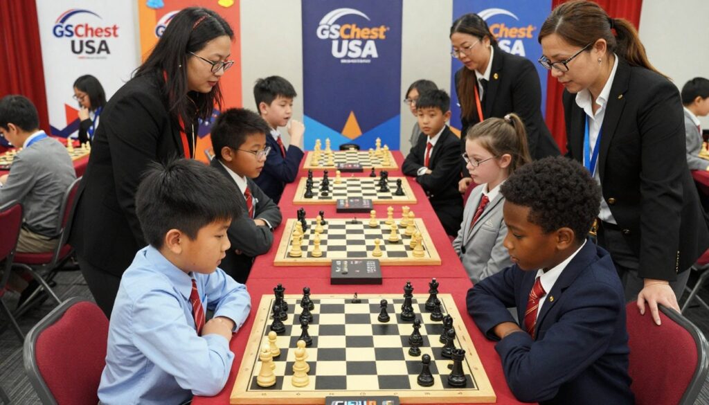 A vibrant scene depicting the Rockefeller Tournament of Elementary Champions, showcasing a diverse group of enthusiastic children aged 8-12 in professional attire, engaged in a spirited chess match. In the foreground, two young players, one Asian and one Black, focused intently on the board, with chess pieces meticulously arranged between them. In the middle ground, other competitors are seated, each showing varying expressions of concentration and excitement, while adults in professional attire supervise closely, encouraging the players. The background features banners for "GSChess USA" and colorful decorations celebrating the tournament’s spirit. The lighting is bright and inviting, capturing the energy of the event, with a slight aerial angle for an engaging perspective that highlights the camaraderie and competitive atmosphere of the national tournament.