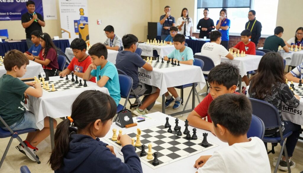A vibrant scene of a national elementary chess championship playing site, showcasing young competitors engaged in intense matches. In the foreground, a diverse group of children, wearing modest casual clothing, concentrate on their chessboards, with expressions of focus and determination. The middle ground features rows of tables with chess sets, each adorned with the logo "GSChess USA" prominently displayed. The background captures a warm and inviting atmosphere, filled with banners and spectators cheering on the players. The lighting is bright and natural, creating an encouraging environment, while a wide-angle lens perspective captures the excitement and camaraderie of the event. The overall mood is one of support, safety, and sportsmanship, embodying the spirit of friendly competition in scholastic chess.