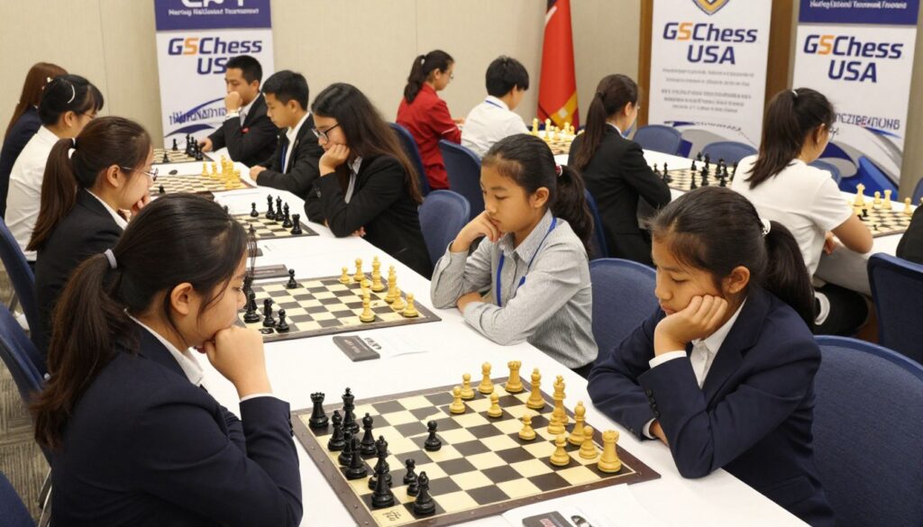 A vibrant scene of the Haring National Tournament chess event, showcasing a dynamic competition atmosphere. In the foreground, a diverse group of young female chess players, dressed in professional business attire, intensely focus on their chessboards, deep in thought. In the middle, neatly arranged tables feature a mix of chess pieces, with competitive matches underway, some players analyzing moves on large notepads. The background reveals banners and posters displaying "GSChess USA," adding to the sense of excitement. Soft, even lighting casts gentle shadows, enhancing the concentration and seriousness of the tournament. An angle from slightly above captures the players’ expressions and the intricate details of the chess pieces, embodying the spirit of intelligent competition and dedication of young female talent in chess. A vibrant scene of the Haring National Tournament chess event, showcasing a dynamic competition atmosphere. In the foreground, a diverse group of young female chess players, dressed in professional business attire, intensely focus on their chessboards, deep in thought. In the middle, neatly arranged tables feature a mix of chess pieces, with competitive matches underway, some players analyzing moves on large notepads. The background reveals banners and posters displaying "GSChess USA," adding to the sense of excitement. Soft, even lighting casts gentle shadows, enhancing the concentration and seriousness of the tournament. An angle from slightly above captures the players’ expressions and the intricate details of the chess pieces, embodying the spirit of intelligent competition and dedication of young female talent in chess.