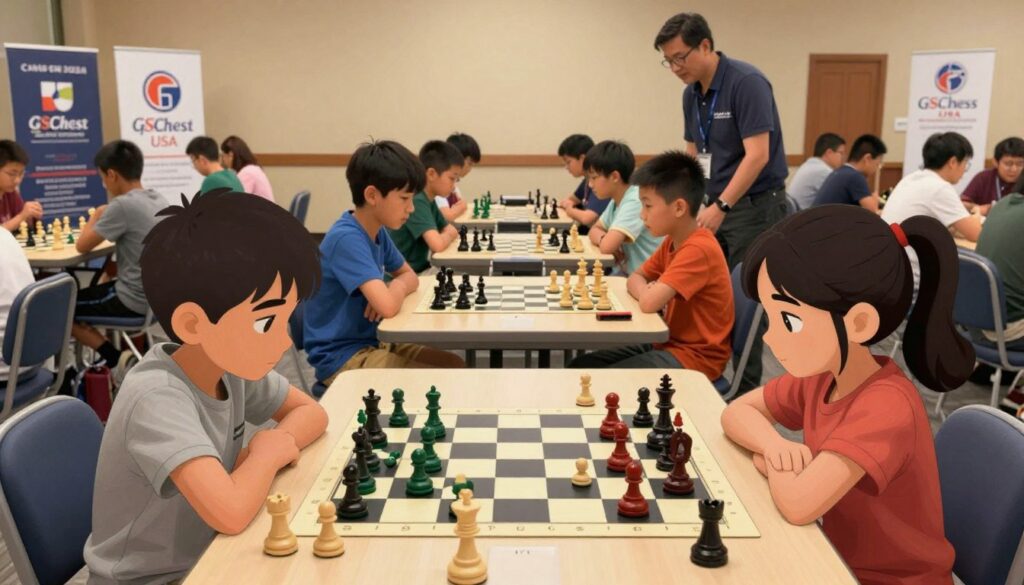A vibrant tournament playing site featuring young chess players engaged in spirited competition, set within a spacious community center. In the foreground, two children, a boy and a girl, focus intently on their chessboards, both wearing modest casual attire, with a set of colorful chess pieces scattered around. In the middle, rows of tables are lined with excited participants eagerly playing and strategizing, while guardians and chess mentors observe closely. The background showcases banners with "GSChess USA," adding a touch of professionalism. Soft, warm lighting illuminates the scene, creating a welcoming atmosphere. Shot from a low angle to emphasize the engagement of the players and the intensity of the competition, capturing the essence of camaraderie and focus in this lively chess tournament setting.