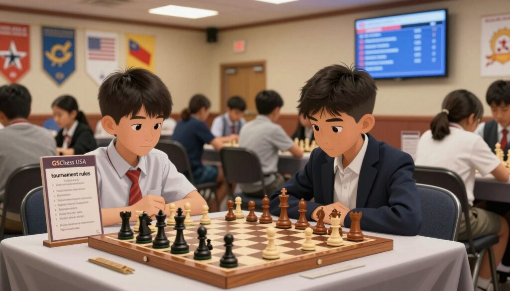 A visually engaging depiction of "tournament rules" for a youth chess competition, titled "GSChess USA." In the foreground, a polished wooden chessboard set up for a match, pieces meticulously arranged, and rules displayed on an elegant stand. The middle ground features enthusiastic young players, aged 8-12, dressed in smart casual attire, focusing intently on the game. The background showcases a vibrant tournament hall, with banners representing various states and a large scoreboard displaying match progress. Warm, ambient lighting highlights the concentration in the room, while soft, shallow focus blurs the edges to create an inviting atmosphere of friendly competition. The overall mood reflects a sense of anticipation and seriousness among young champions as they prepare to compete according to the regulations.