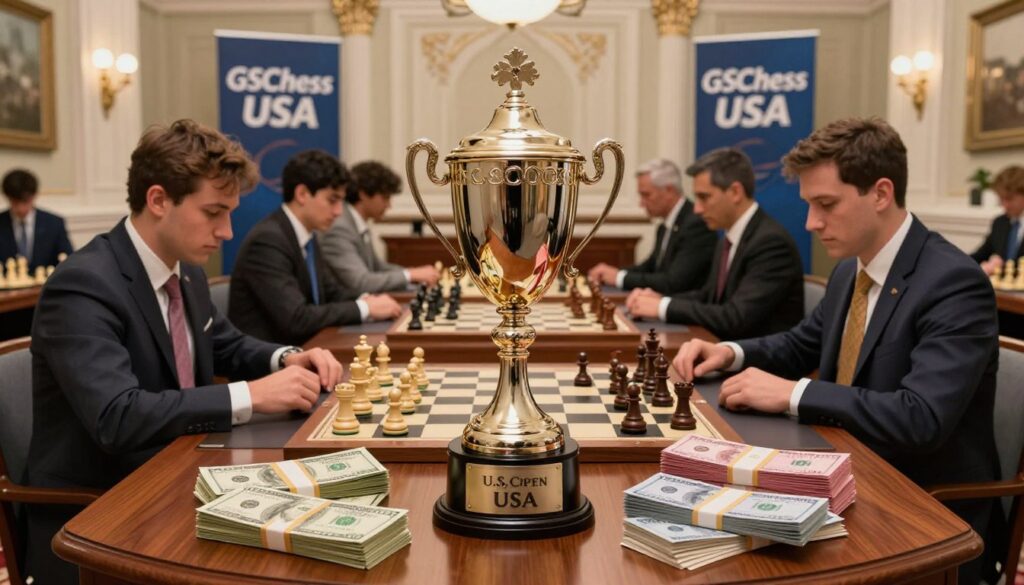 A visually striking image representing the U.S. Open Chess Championship prize fund, situated in a lavish, elegantly decorated chess hall. In the foreground, a gleaming, ornate trophy stands atop a polished mahogany table, surrounded by stacks of colorful prize money in denominations of $100 bills, symbolizing the competition's high stakes. In the middle, chessboards are set for intense matches, with players meticulously focused on their strategies, dressed in professional attire. The background features banners showcasing "GSChess USA" and delicate chess-themed decorations. Soft, warm lighting bathes the scene, creating an atmosphere of anticipation and intensity, while a shallow depth of field emphasizes the trophy, inviting viewers into the competitive spirit and prestige of the championship.