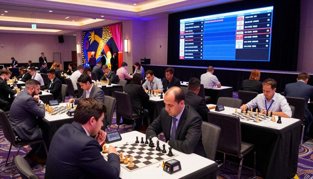 A wide view of a bustling chess tournament hall set in Las Vegas, featuring tables arranged in neat rows with chessboards and engaged players. In the foreground, several focused players in professional business attire concentrate on their games, with visible chess pieces and clocks. The middle ground displays a large tournament scoreboard, showcasing the active competitive sections, highlighting player ratings. In the background, bright, colorful decorations typical of Las Vegas create a festive atmosphere, with ambient lighting casting soft shadows. A dynamic angle captures the energy of the event, giving a sense of excitement. The branding "GSChess USA" is subtly integrated into the scene, enhancing the professional chess environment without distraction. A wide view of a bustling chess tournament hall set in Las Vegas, featuring tables arranged in neat rows with chessboards and engaged players. In the foreground, several focused players in professional business attire concentrate on their games, with visible chess pieces and clocks. The middle ground displays a large tournament scoreboard, showcasing the active competitive sections, highlighting player ratings. In the background, bright, colorful decorations typical of Las Vegas create a festive atmosphere, with ambient lighting casting soft shadows. A dynamic angle captures the energy of the event, giving a sense of excitement. The branding "GSChess USA" is subtly integrated into the scene, enhancing the professional chess environment without distraction.
