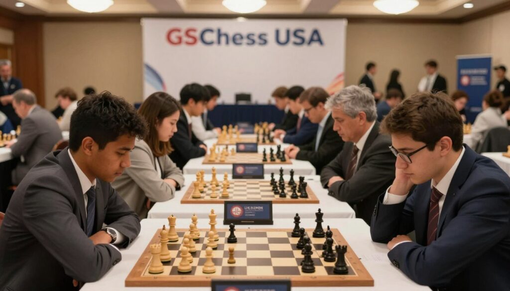 An engaging open chess tournament scene showcasing players deeply focused on their games at the U.S. Open Chess Championship. In the foreground, a diverse group of four players, two men and two women, all in professional business attire, study their chess boards with intense concentration. The middle ground features several chess tables filled with players, framed by a soft bokeh effect, suggesting a bustling atmosphere. The background displays a banner with “GSChess USA” above the tournament, while spectators watch in anticipation. The lighting is warm and inviting, resembling a well-lit hall with overhead lights casting gentle shadows, enhancing the competitive yet friendly mood. The image captures the spirit of high-stakes chess and the excitement of participants from various backgrounds coming together in this historic national open.