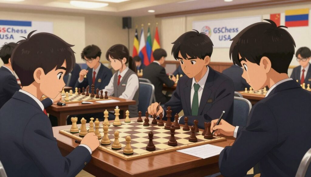 An organized chess competition schedule displayed prominently on a wooden chess table in the foreground, featuring beautifully crafted chess pieces in mid-play. In the middle ground, young chess players, dressed in professional attire, attentively discuss strategies and jot down notes, showcasing a sense of focus and determination. The background features a well-lit tournament hall, with banners and flags representing various states, including "GSChess USA," adding a festive atmosphere. Soft, diffused lighting creates an inviting ambiance, emphasizing the seriousness yet excitement of the event. The angle captures the vibrancy of the tournament, conveying emotions of competition, learning, and camaraderie among the young champions.