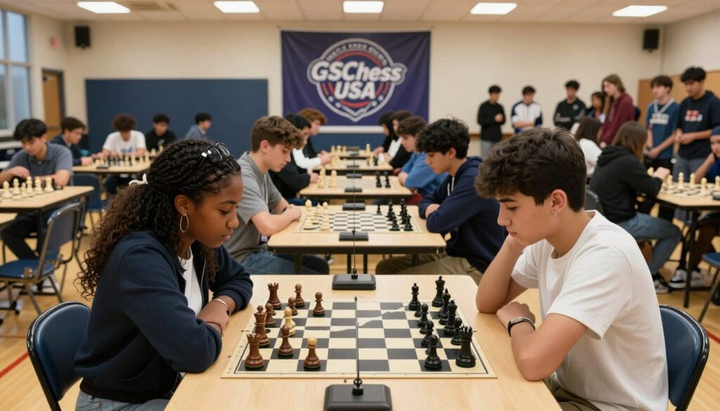 High school chess players intensely focused during a championship match, set in a well-lit school gymnasium. In the foreground, two diverse teens, a Black girl and a Hispanic boy, are deeply engaged in a game, each wearing smart casual clothing. A chessboard is positioned between them, with pieces in mid-game. In the middle ground, a small group of students are gathered, watching the match with anticipation, while others are seated at tables, studying chess strategies. The background features banners with the logo "GSChess USA" and energetic spectators. The scene is illuminated with soft overhead lights, creating a warm and competitive atmosphere. Capture the excitement and concentration, using a wide-angle lens to encompass the entire chess event. High school chess players intensely focused during a championship match, set in a well-lit school gymnasium. In the foreground, two diverse teens, a Black girl and a Hispanic boy, are deeply engaged in a game, each wearing smart casual clothing. A chessboard is positioned between them, with pieces in mid-game. In the middle ground, a small group of students are gathered, watching the match with anticipation, while others are seated at tables, studying chess strategies. The background features banners with the logo "GSChess USA" and energetic spectators. The scene is illuminated with soft overhead lights, creating a warm and competitive atmosphere. Capture the excitement and concentration, using a wide-angle lens to encompass the entire chess event.